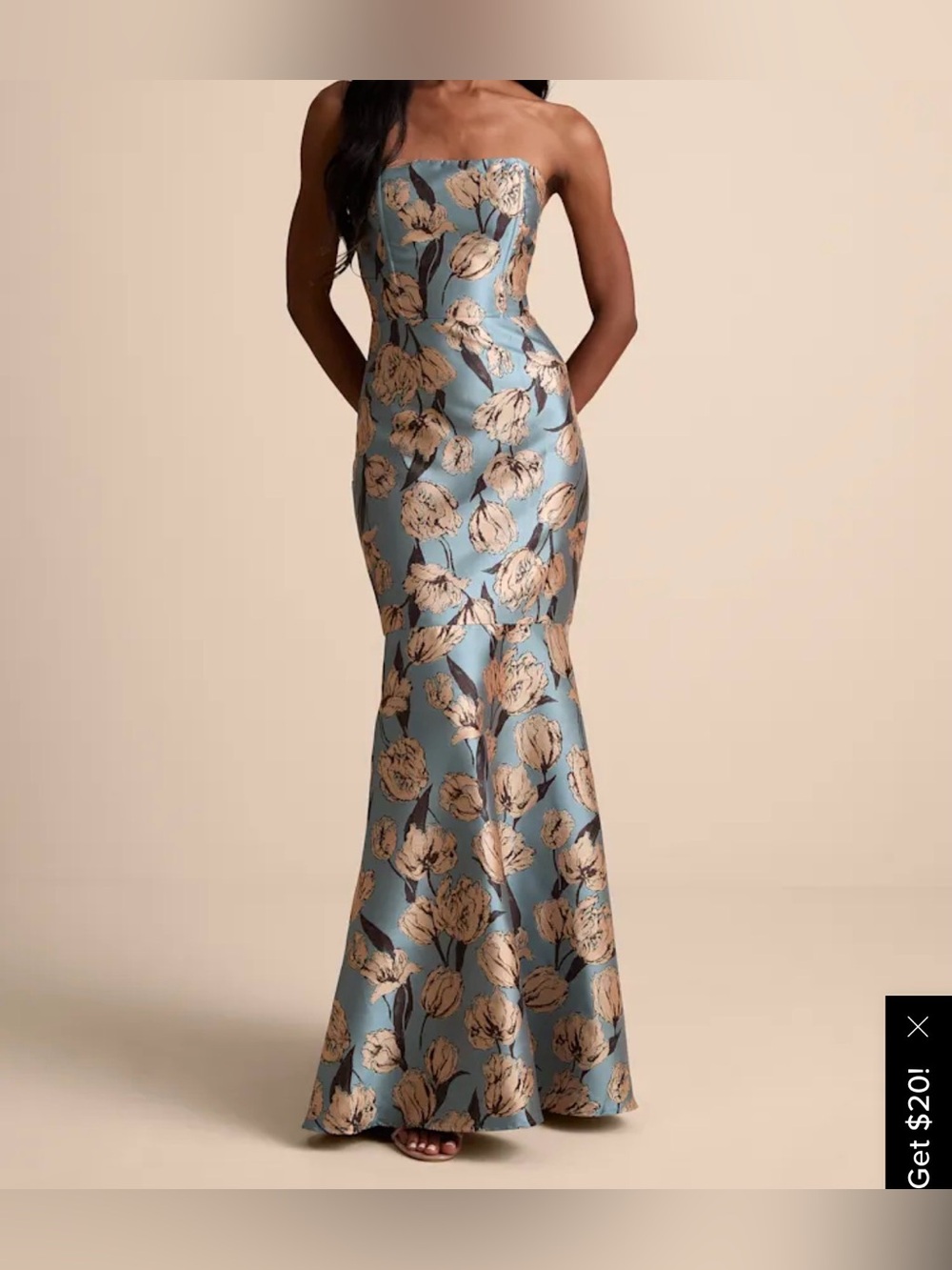 Lulu's Strapless Blue Floral Jacquard Mermaid Gown size medium